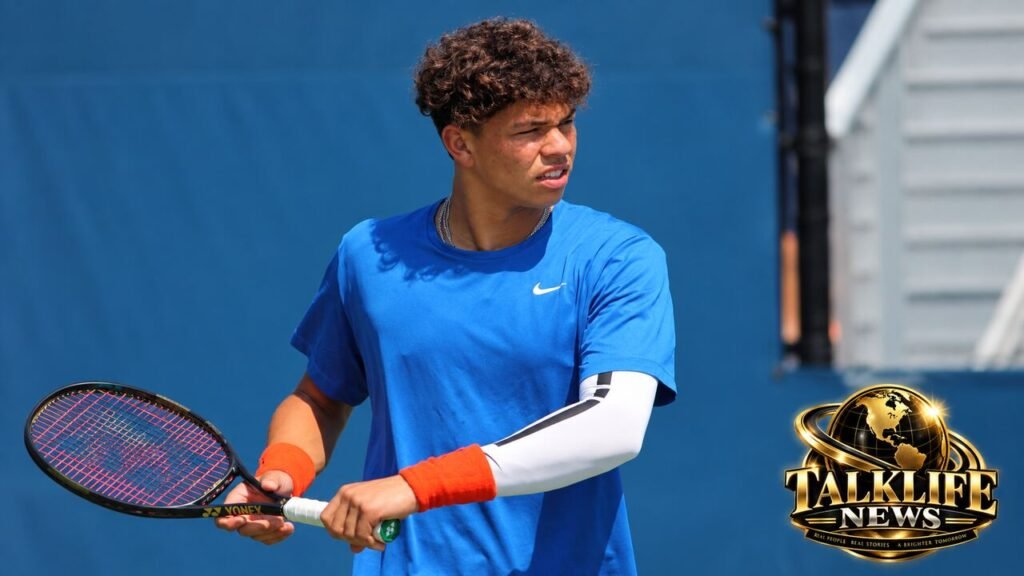 Tennis player Ben Shelton holding a racket with TalkLife News logo