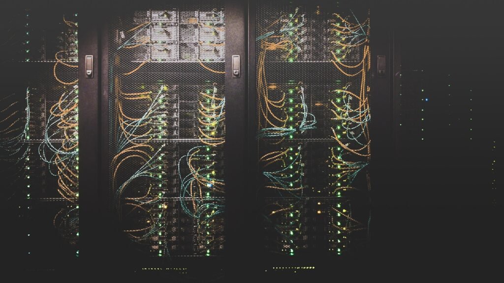 Rows of data center servers representing artificial intelligence infrastructure