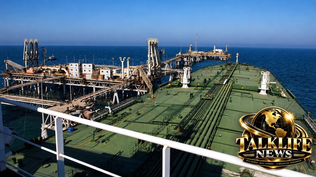 Oil tanker loading crude oil at the Al Basrah Oil Terminal in the Persian Gulf