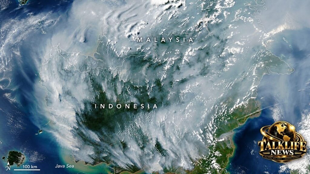 NASA satellite view of wildfire smoke over Indonesia with TalkLife News logo