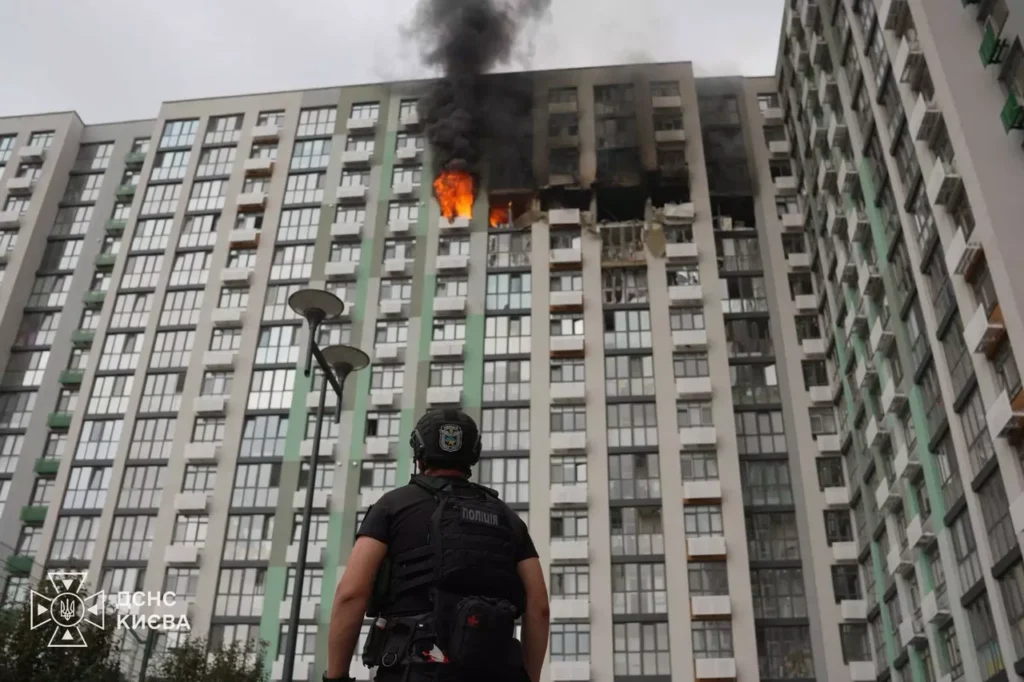 Damaged upper floors of an apartment building in Kyiv after a Russian attack