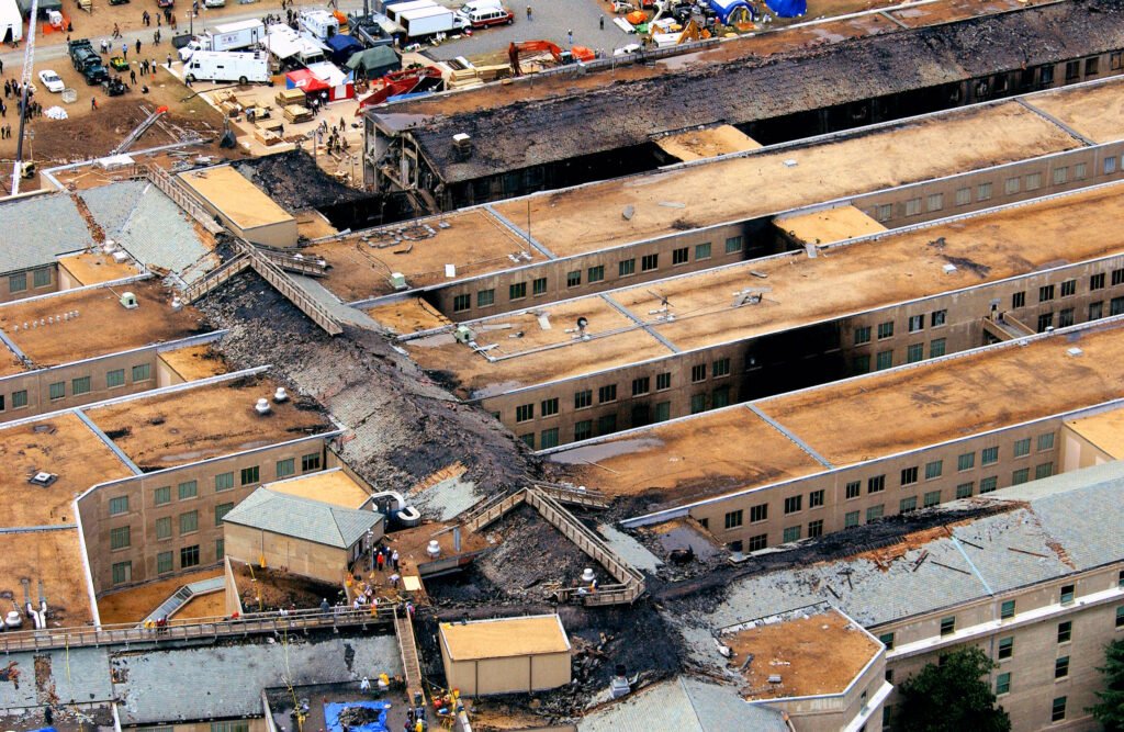 Aerial view of damage at the Pentagon after the September 11 attack