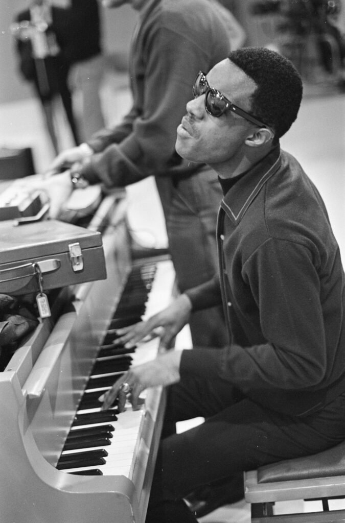 Young Stevie Wonder at a piano during a 1967 television rehearsal