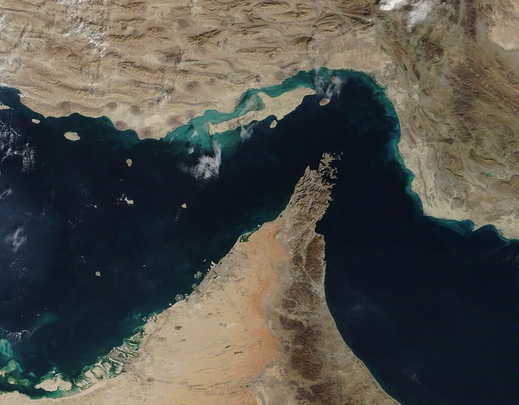 NASA satellite view of the Strait of Hormuz between Iran and the Arabian Peninsula