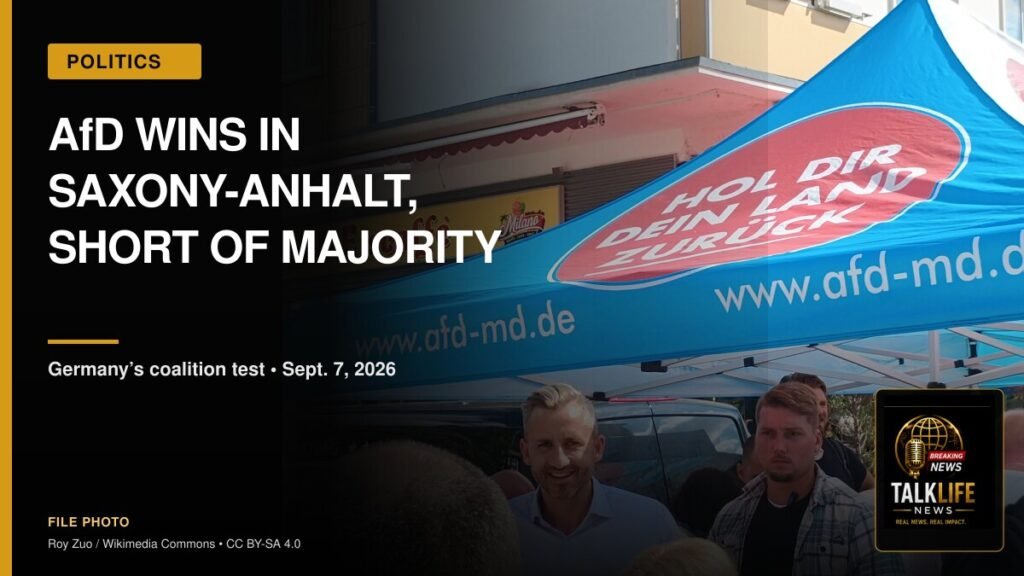 TalkLife News graphic about the AfD victory in Saxony-Anhalt, using a licensed file photo of an AfD campaign event