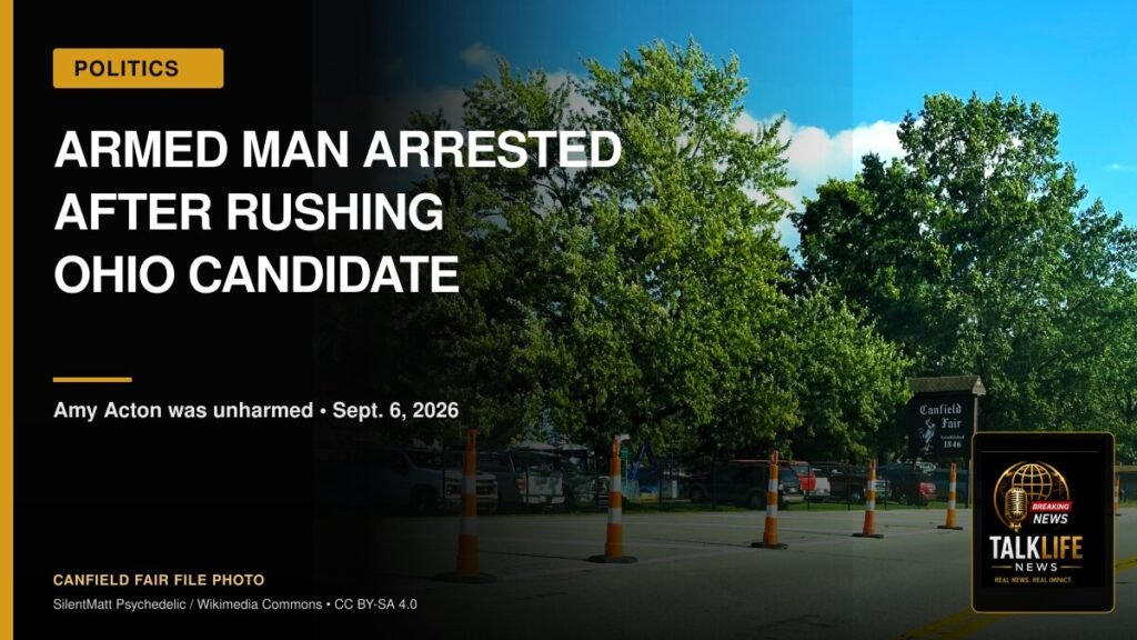 TalkLife News graphic about the arrest near Ohio gubernatorial candidate Amy Acton, using a licensed Canfield Fair file photo