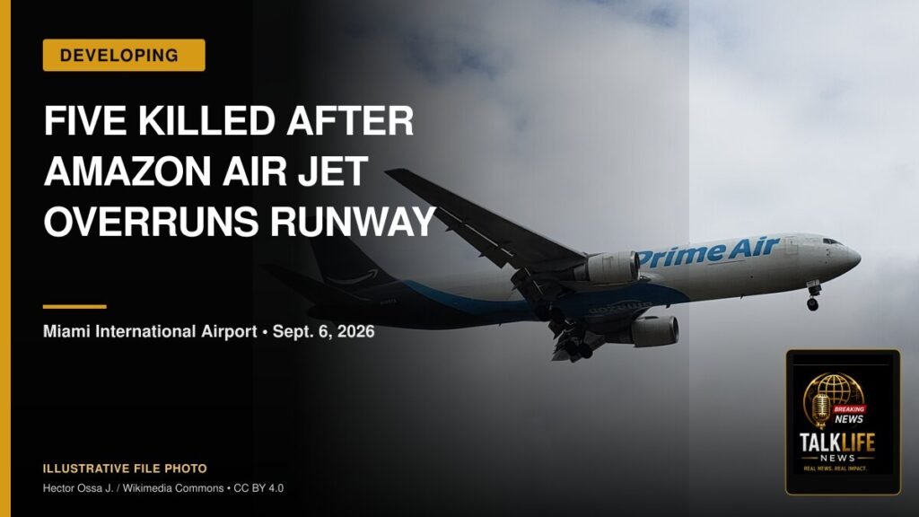 TalkLife News graphic about the Amazon Air cargo plane runway overrun at Miami International Airport, using a licensed file photo of a Prime Air Boeing 767