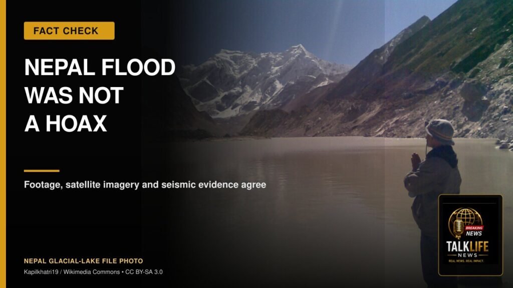 TalkLife News fact-check graphic saying the Nepal flood was not a hoax, using a licensed file photo of a Nepal glacial lake