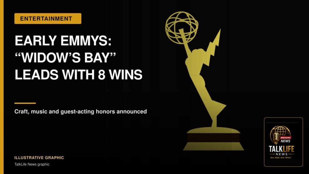 TalkLife News entertainment graphic announcing the leading winners at the early Emmy Awards