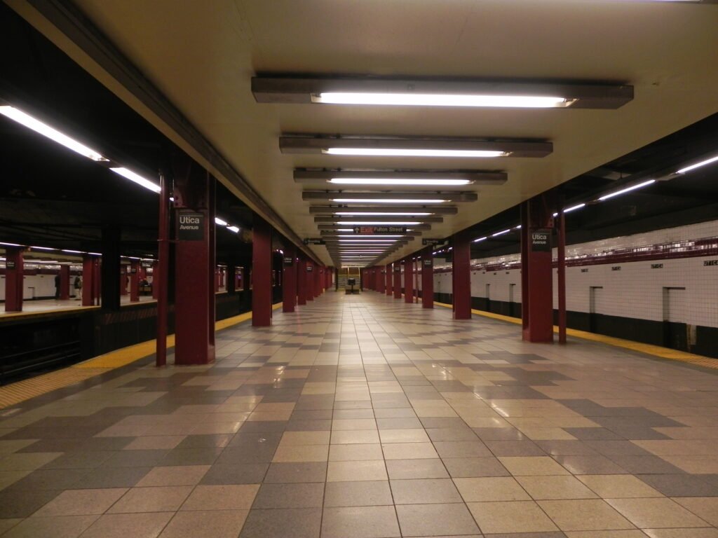 An A train at the Utica Avenue subway station platform in Brooklyn