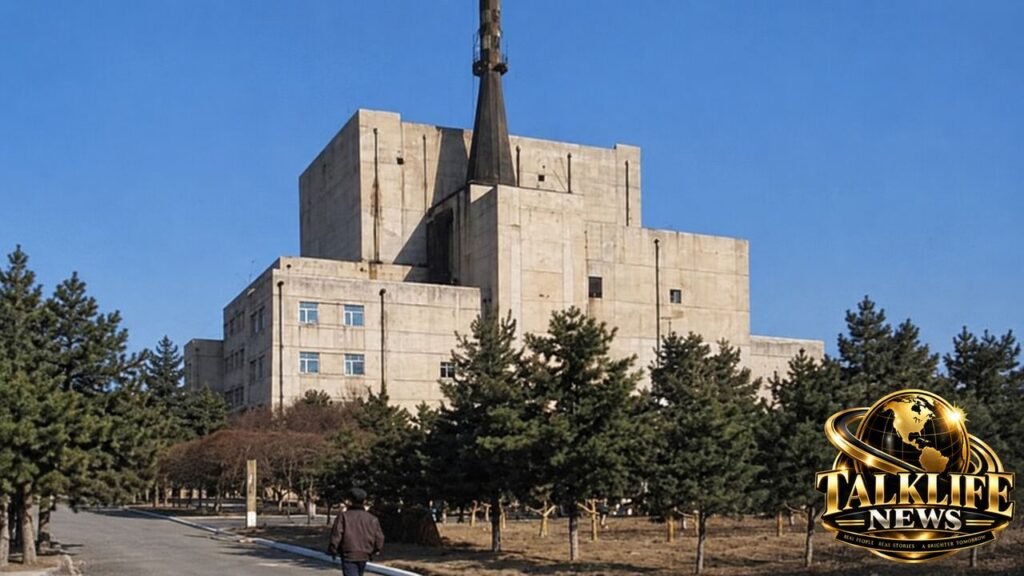 Historical view of the Yongbyon nuclear complex in North Korea with TalkLife News logo
