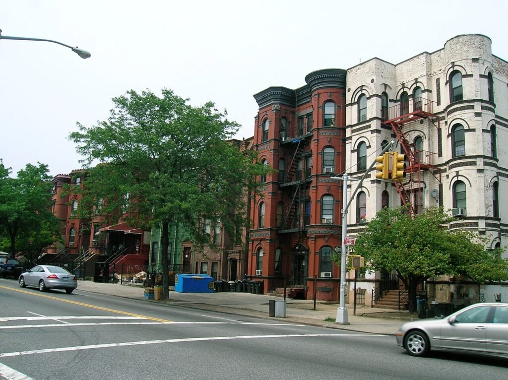 Archival apartment buildings on Bushwick Avenue near Suydam Street in Brooklyn