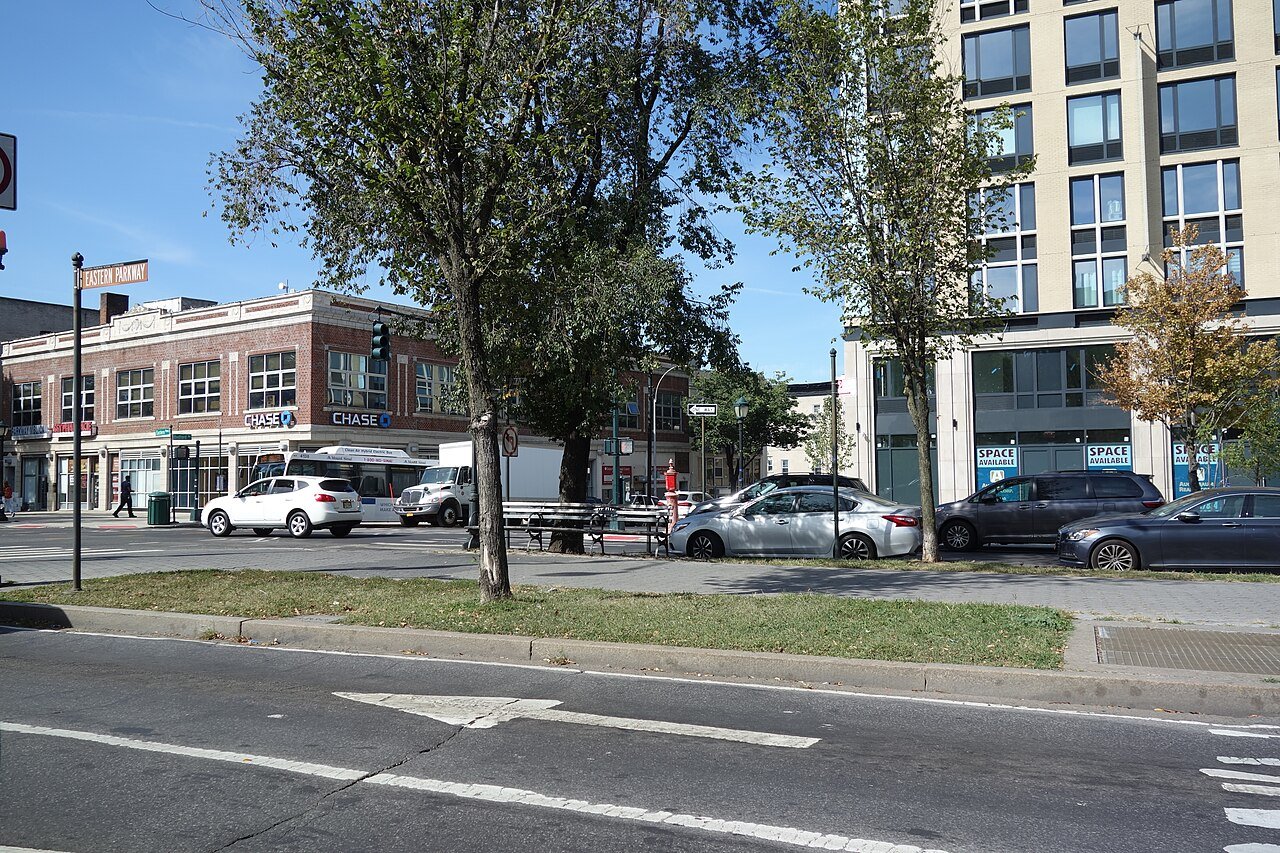 Tree-lined Eastern Parkway median at Bedford Avenue in Crown Heights in 2019