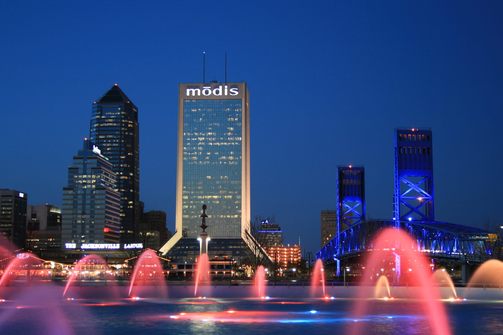 Friendship Fountain illuminated at night in an archival photograph