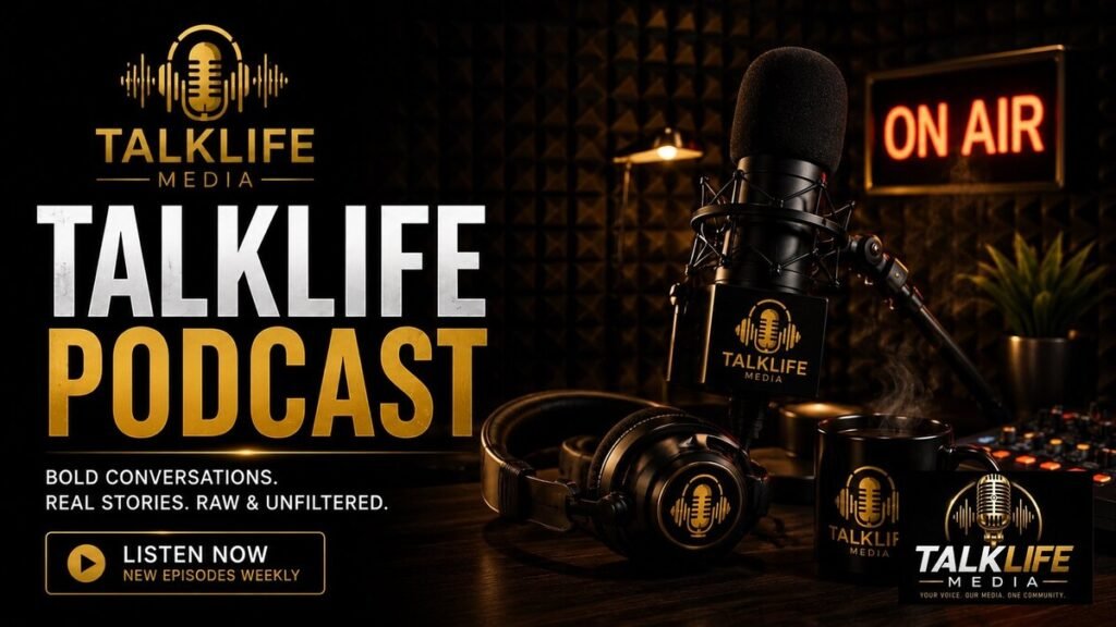 Talk Life podcast studio microphone and equipment