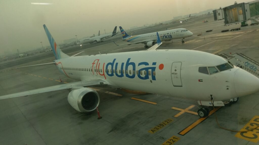 Flydubai aircraft at Dubai airport in 2021 — not Flight FZ1073