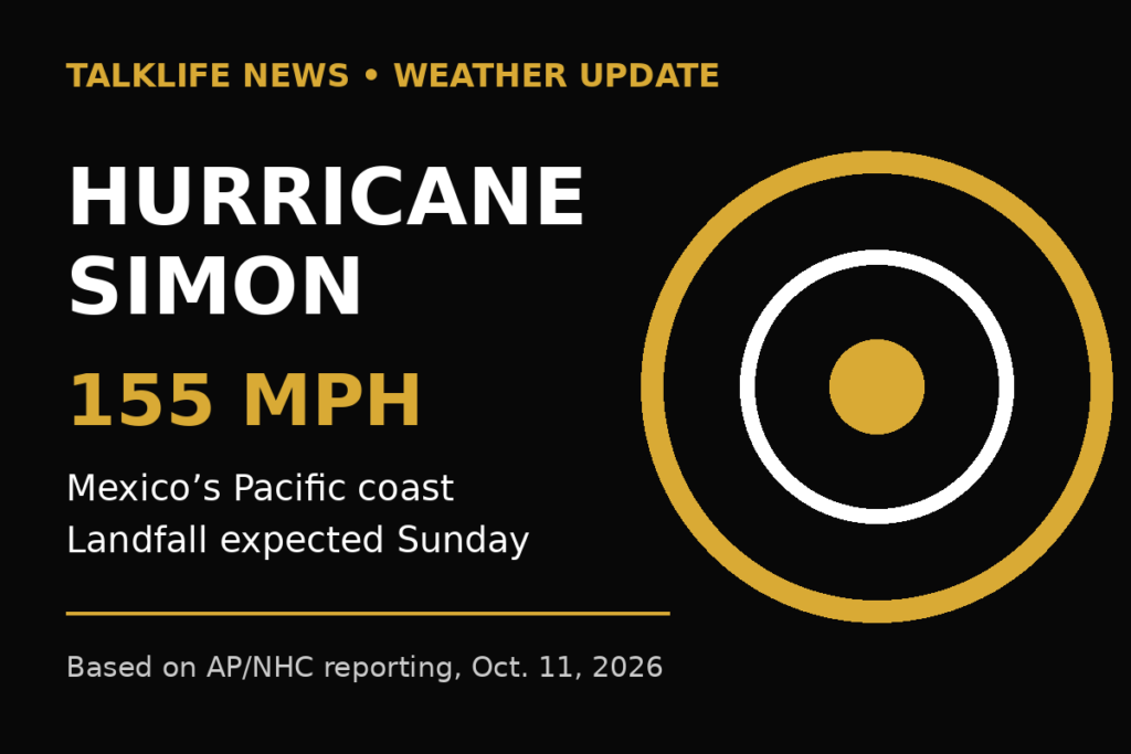 TalkLife News graphic stating Hurricane Simon has 155 mph winds and is expected to make landfall Sunday