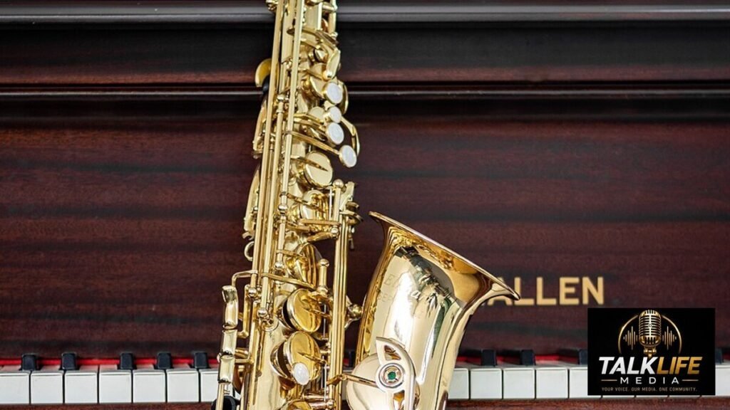 Saxophone and piano with Talk Life Media logo