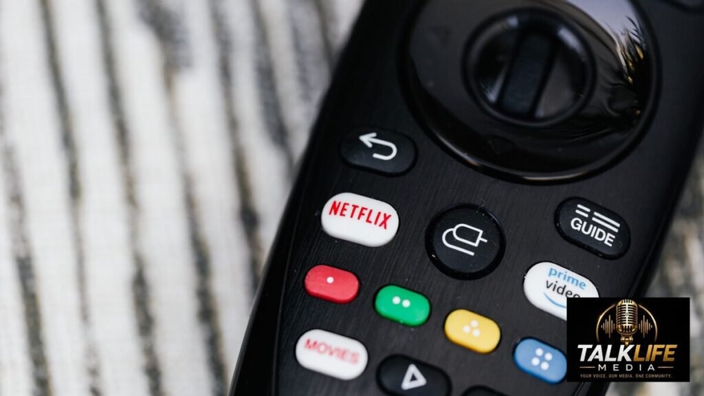 Streaming television remote with Talk Life Media logo